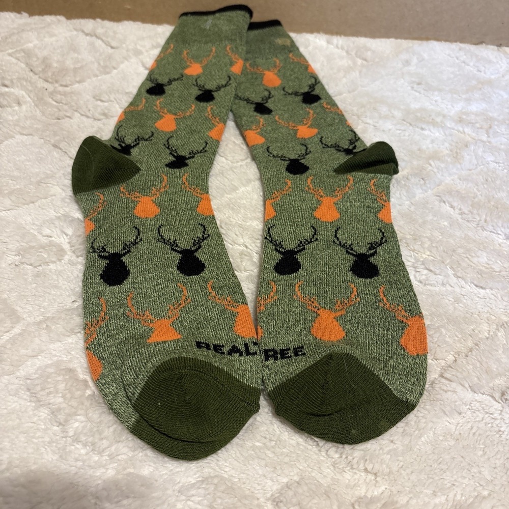 Realtree Nylon Sock Printed Crew Socks Green Orange Black Deer Head